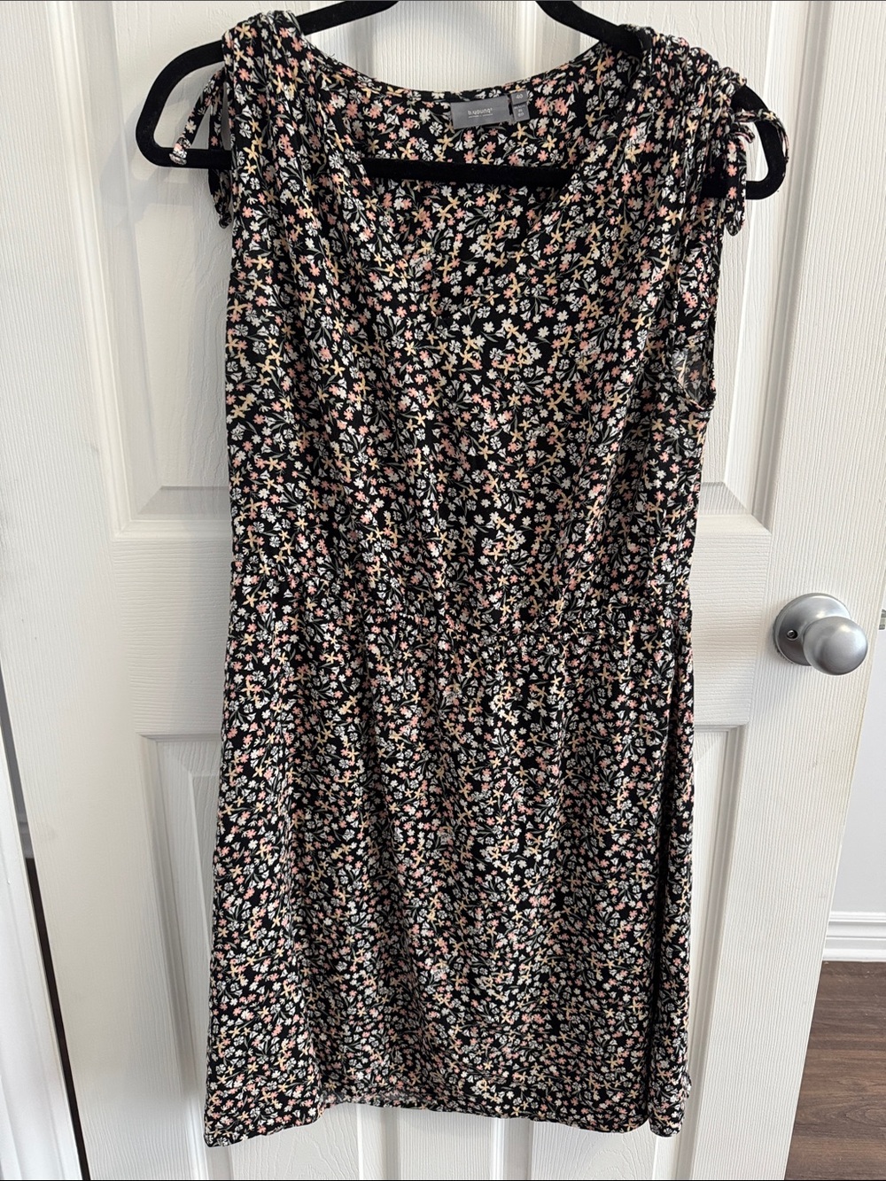 Black Floral Tie-Shoulder Sundress with Pink and Cream Accents